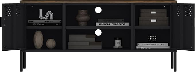Manhattan Comfort Landen 47" Modern Metal TV Stand with Storage Cabinets & Open Shelves, Holds Up to 40" Screen, TV Console with Natural Wood Top, Cable Management, Adjustable Legs, Black