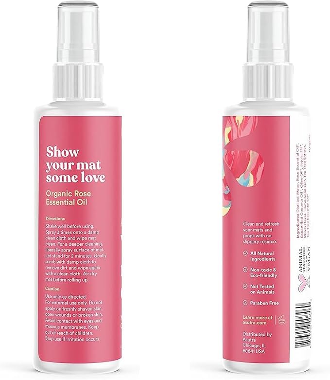 ASUTRA Yoga Mat Cleaner Spray (Soothing Sweet Rose), 4 fl oz - No Slippery Residue, Organic Essential Oils, Deep-Cleansing for Fitness Gear & Gym Equipment, Microfiber Towel Included