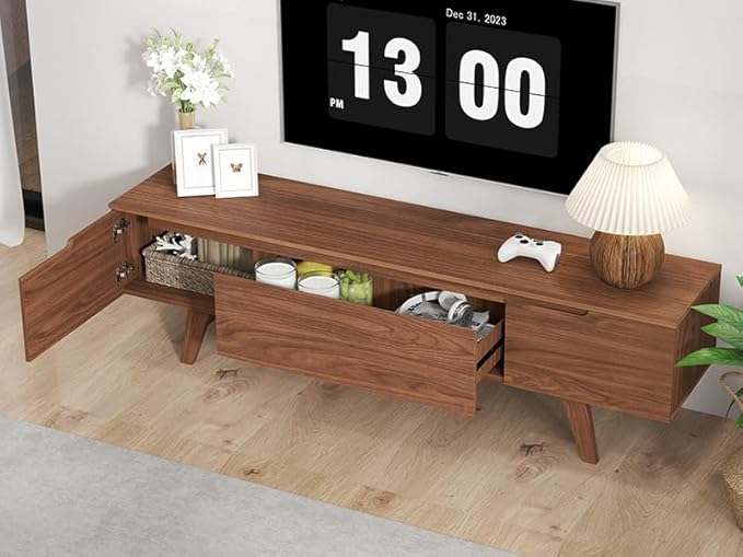 ANJ Mid Century TV Stand, Modern Long TV Console for 80 inch TV, Entertainment Center with Ample Large Storage Cabinet, Wooden Television Furniture for Living Room (Walnut 70")