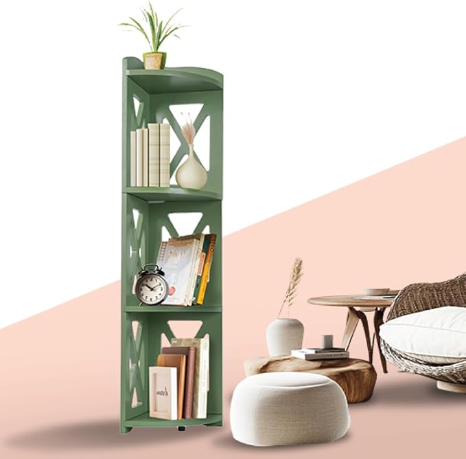 NHZ Corner Shelf Stand, Wood Corner Bookshelf, Corner Bookcase and Plant Stand (Green, 4 Tier)