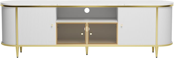 Luxury 70" Fluted TV Stand, Modern Entertainment Center for TVs Up to 80”, TV Console with Faux Marble Tabletop, Curved Profile Design, Media Console for Living Room, White