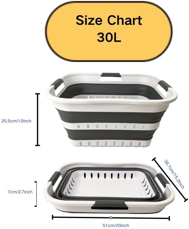 SAMMART Collapsible Plastic Rectangular Laundry Basket - Foldable Pop Up Storage Container/Organizer - Portable Laundry Hamper - Space Saving (White/Steel Grey, 30L)