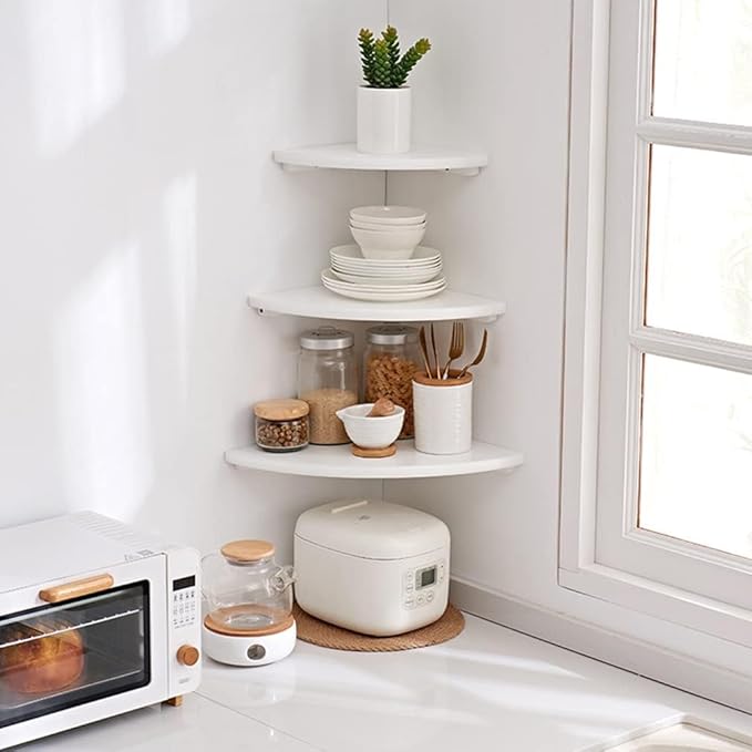 Corner Shelf, White Solid Oak Wood Floating Corner Shelves Wall Mount Round End Floating Speaker Rack for Small Plant Photo Frame (White, 8.6in)