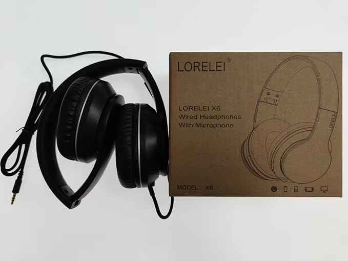 LORELEI X6 Over-Ear Wired Stereo Bass Headphones with Microphone, Lightweight, Foldable & Portable with 1.45M No-Tangle for Smartphone, Tablet, MP3/4, Space Black