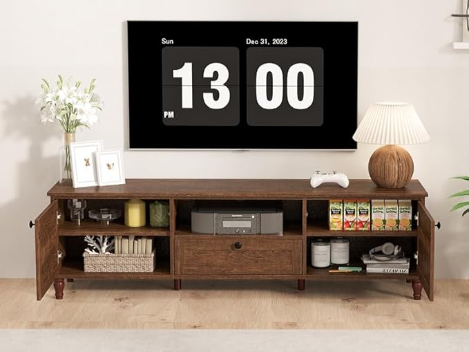 ANJ Mid-Century Modern TV Stand for 75 inch TV, TV Console with Storage Cabinet & Drawer, Retro Brown Wooden TV Stands for Living Room Furniture,Entertainment Center with Ample Large Storage Space