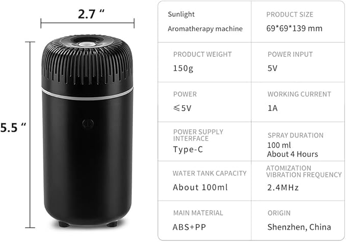 Unee Car Diffusers – 100ml USB Mini Aromatherapy & Humidifier & Car Air Freshener for Essential Oils, Portable Auto & Home Use (Black)