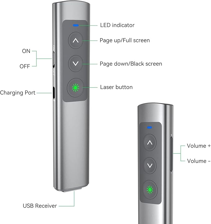 Metallic Presentation Clicker Presenter Remote - Rechargeable Wireless Presenter with Green Laser Pointer, 2 in 1 USB Clicker for PowerPoint & Google Slides, Compatible with MacBook/PC