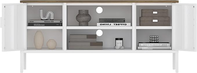 Manhattan Comfort Landen 47" Modern Metal TV Stand with Storage Cabinets & Open Shelves, Holds Up to 40" Screen, TV Console with Natural Wood Top, Cable Management, Adjustable Legs, White