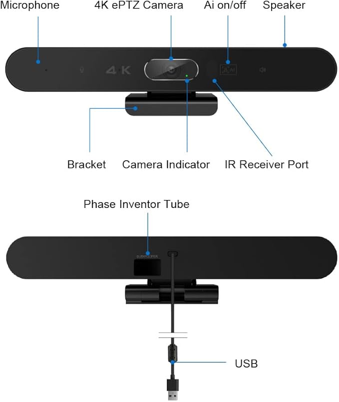 Conference Room Camera, All-in-One 4K Webcam with Microphone and Speaker, AI Tracking and Auto Framing, Wide Angle of View, Plug and Play USB Webcam for PC, Mac, Meetings, Teams, Zoom & Webex