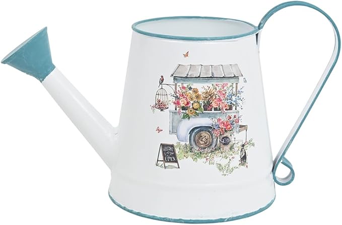 Cute Small Watering Can Indoor Plants Garden Metal Decorative Watering Cans for Outdoor Plants Bonsai Outdoor Garden Flower Decorative (White Blue, 1.5L, 50.7 Oz)
