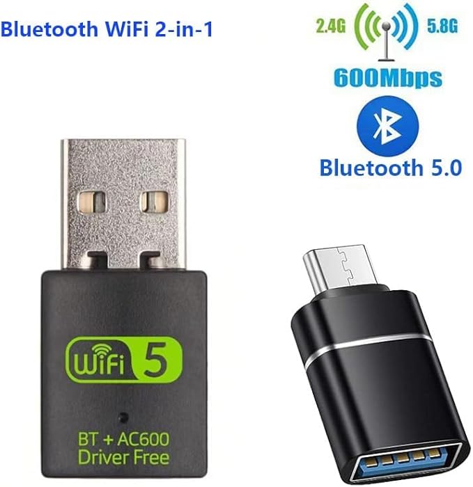 USB WiFi Adapter,600Mbps WiFi Bluetooth Adapter(Includes a USB-A to Type C connectors),Dual Band 5G/2.4G Wireless Network Adapter for Desktop Laptop PC,Supports Windows 7/8/8.1/10/11。