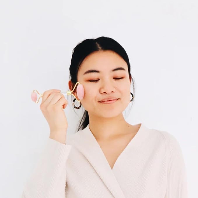 Rose Quartz Facial Roller, Authentic Face Roller for Puffiness, Depuffing Eye Roller & Face Massage Tool