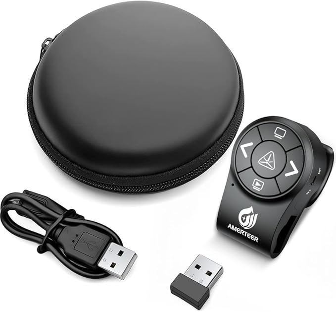 AMERTEER Bluetooth Wireless Presentation clicker for PowerPoint presentations, RF 2.4GHz Finger Ring Remote, PPT Slides Rechargeable