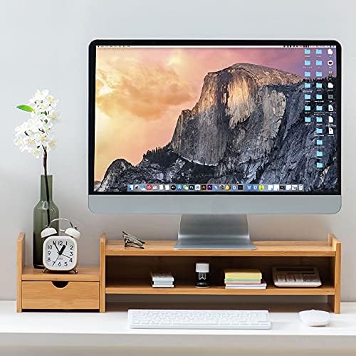 Monitor Stand Riser Desk Organizer-Bamboo 2 Tier Laptop Stand With Drawers, Adjustable Desktop Storage Organizer For Computer, Printer, Cellphone-Use In Office,Home /Reduce Neck &Eye Strain(Basic)