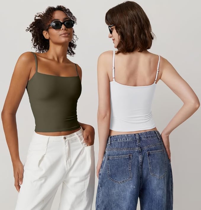 QINSEN Women's Double Lined Basic Tank Top Adjustable Spaghetti Straps Sleeveless Camisole Shirts