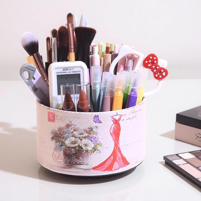 360° Rotate Desk Pen Organizer, Makeup Brush Holder Organizer, Makeup Organizers Countertop, TV Remote Control Holder,Leather Remote Caddy,Dual-Purpose Art Supply Pencil Cup (Red Dress)