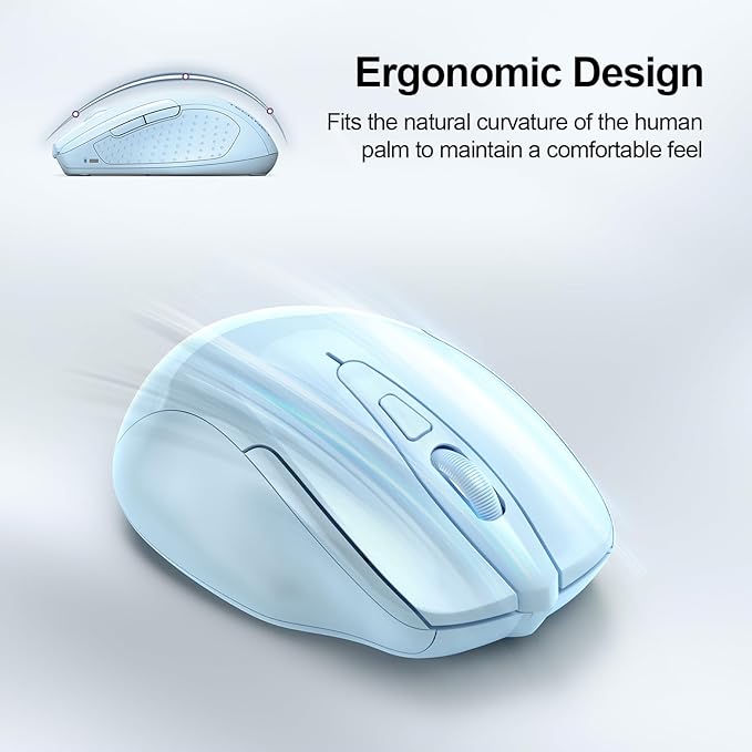 TECKNET Wireless Mouse (2.4G & BT5.0/3.0) Silent 4800 DPI Computer USB A & Bluetooth Mouse 6 Buttons, Wide Compatibility - Lightblue
