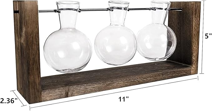 Kingbuy Plant Terrarium with Wooden Stand, Glass Planter Desktop Propagation 3 Bulb Vase Metal Holder Retro Rack for Hydropoincs Plants Home Office Decor, Brown