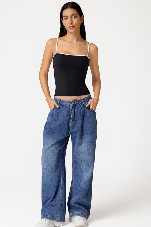 QINSEN Women's Double Lined Basic Tank Top Adjustable Spaghetti Straps Sleeveless Camisole Shirts