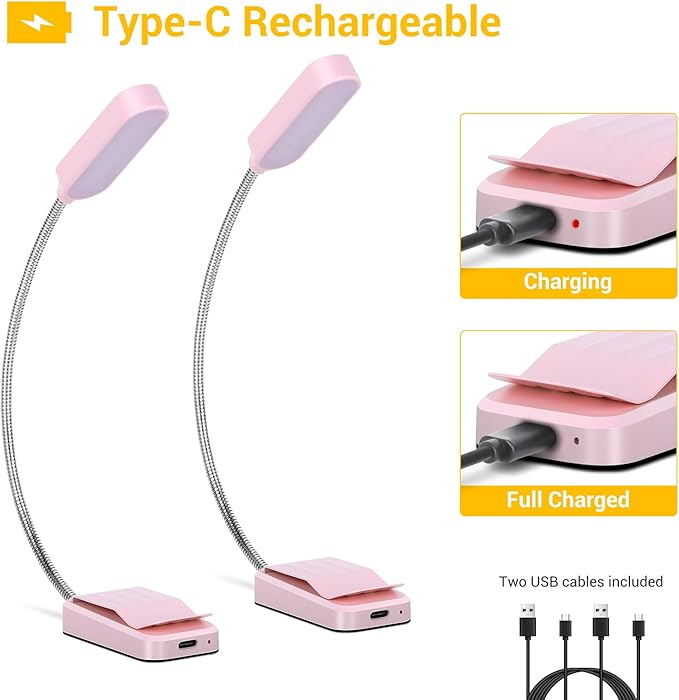 Book Light 2 Pack, Rechargeable Reading Lights for Books in Bed-Eye Caring 3 Colors, Stepless Dimming, 360° Flexible Studying Small Desk Lamp, Lightweight Clip-on LED Night Light for Book Lovers, Kids