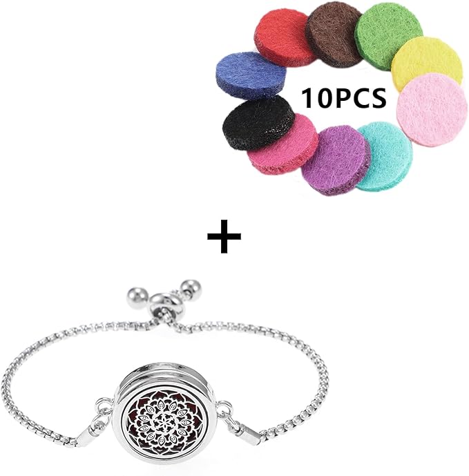 Essential Oil Diffuser Bracelet Aromatherapy Locket Adjustable Bracelet Stainless Steel Bracelet with 10 Pcs Refill Pads for Women Girls