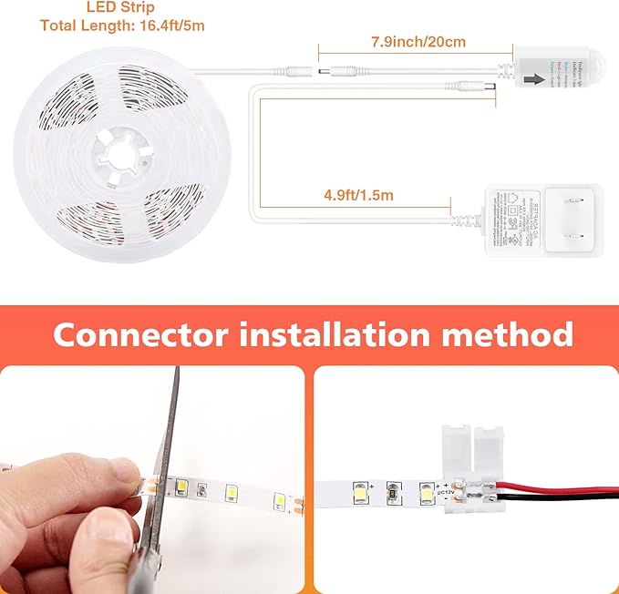 WOBANE LED Strip Lights, Motion Sensor Light Strip with Remote and Adapter, Night Light, Dimmable Function, 16.4ft Tape Lighting for Kitchen, Under Cabinet, Bedroom, Shelf, Bed, 3000K Warm White