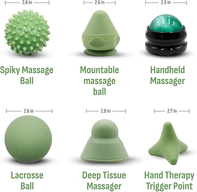 Physical Therapy Pain Relief Massage Ball Set for Trigger Point Release - Myofascial Release Tool & Deep Tissue Massage Set of 6 Pieces - Lacrosse, Spiky, Hand Roller & Mountable Self Massage Ball