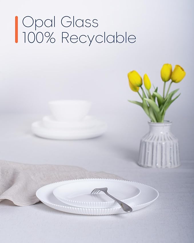 10.5 inch Ribbed Dinner Plate Set of 6, Round Opal Glass White Dinnerware Plates, Dishwasher and Microwave Safe