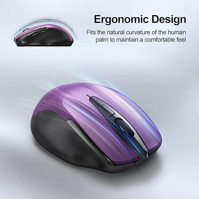 TECKNET Wireless Mouse (2.4G & BT5.0/3.0) Silent 4800 DPI Computer USB A & Bluetooth Mouse 6 Buttons, Wide Compatibility - Purple
