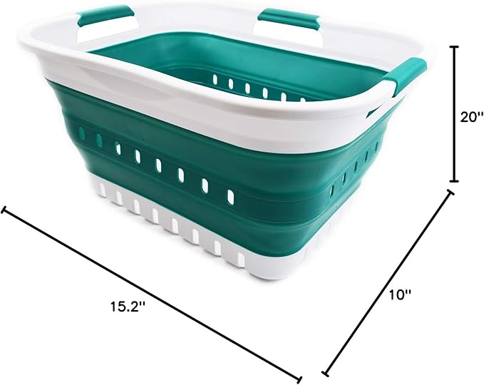 SAMMART 30L (8 Gallon) Collapsible 3 Handled Plastic Laundry Basket - Foldable Pop Up Storage Container/Organizer - Space Saving Hamper/Basket (White/Dark Green)