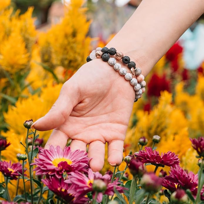 Lava Rock Beaded Diffuser Bracelet for Women with Lavender Essential Oil, 18K Gold-Plated Charm Soothing Crystal Beads Boho Stretch Bracelet for Aromatherapy, Birthday and Valentine’s Day Gift for Her
