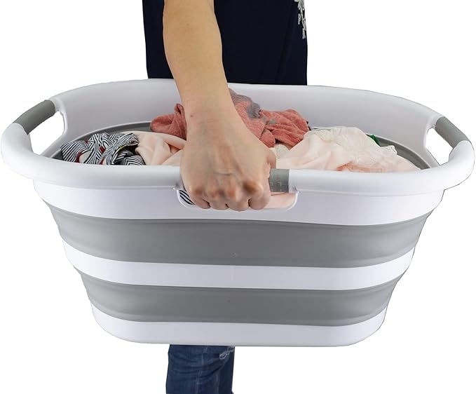 SAMMART 40L (10.5 Gallon) Collapsible Plastic Laundry Basket - Space Saving Storage Container/Organizer - Portable Washing Tub - Foldable Pop Up Hamper/Basket (2, White/Grey)