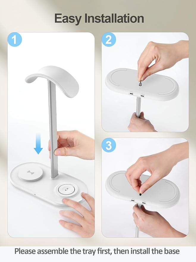 TopMade 5 in 1 Headphone Stand for Desk with Wireless Charger & USB Charging for iPhone/AirPods/iWatch, Universal Desktop Gaming Headset Holder for Airpods Max, Bose, Beats, Razer and More, White