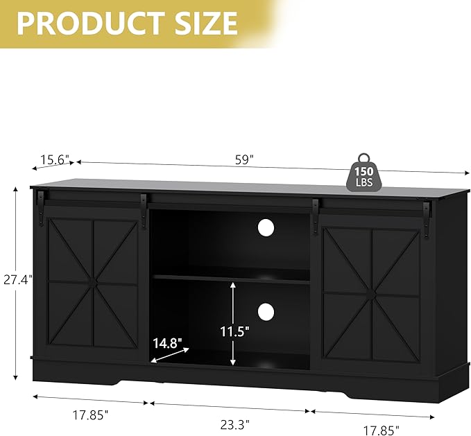 Farmhouse TV Stand for 65/60/55 Inch Tvs, Rustic Entertainment Center with Storage Cabinets & Sliding Barn Doors, Modern Media Console Table, Wood Television Furniture for Living Room, Bedroom, Black