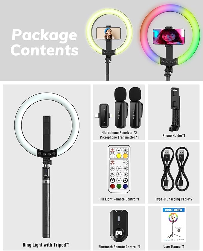 Vlogging Kit for iPhone/Android - 10" Selfie Ring Light with 74" Tripod Stand & Phone Holder, Tripod for iPhone with Light and Microphone, YouTube Starter Kit for TikTok/Makeup/Content Creator