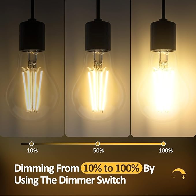 Dimmable A19 LED Light Bulbs 60W Equivalent, 2700K Warm Soft White Light Bulbs 6W E26 Base, Clear Glass Antique Filament Bulb for Living Room Bedroom Outdoor, 12Packs