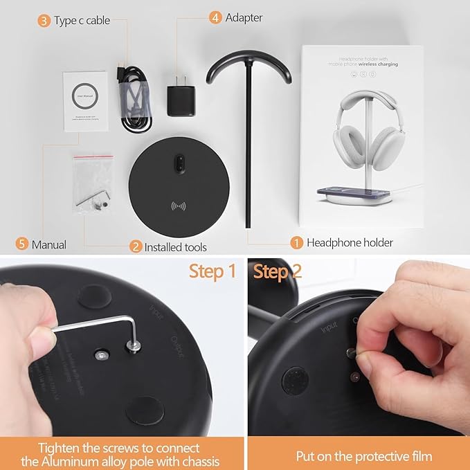 Miroddi Headphone Stand with Wireless Charger, Independent USB Charging Port, 5 in 1 Charging Station Headset Holder Rack for AirPods Max/Pro/4/3/2, iWatch, iPhone, Samsung and Desk Headphones, Black