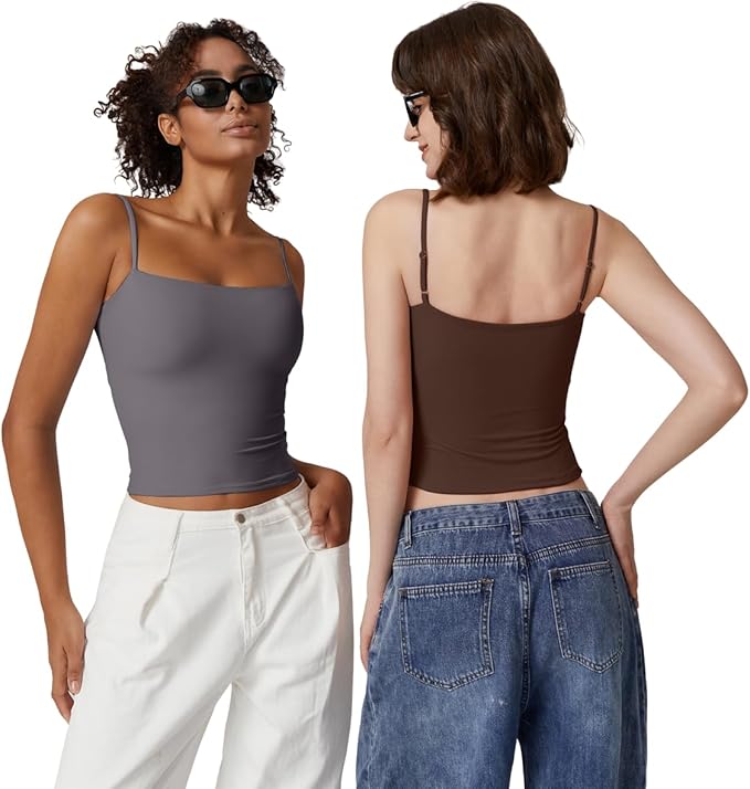 QINSEN Women's Double Lined Basic Tank Top Adjustable Spaghetti Straps Sleeveless Camisole Shirts
