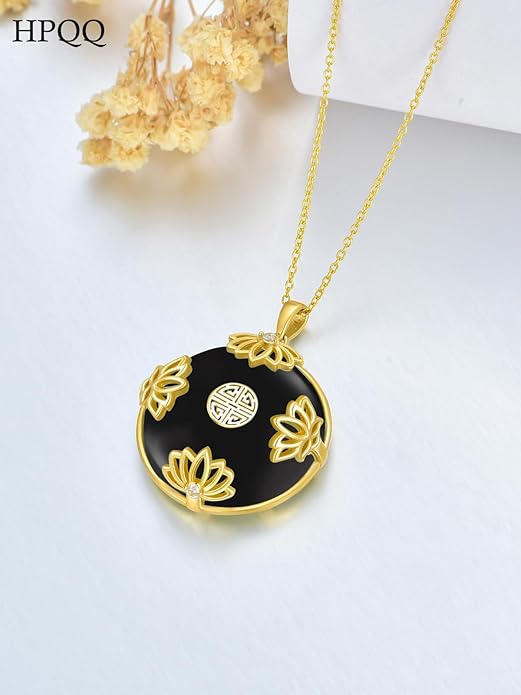 Jade Lotus Necklace for Women 14k Gold Plated Sterling Silver Good Fortune Jade Jewelry Birthday Christmas Gifts for Women Mom Wife