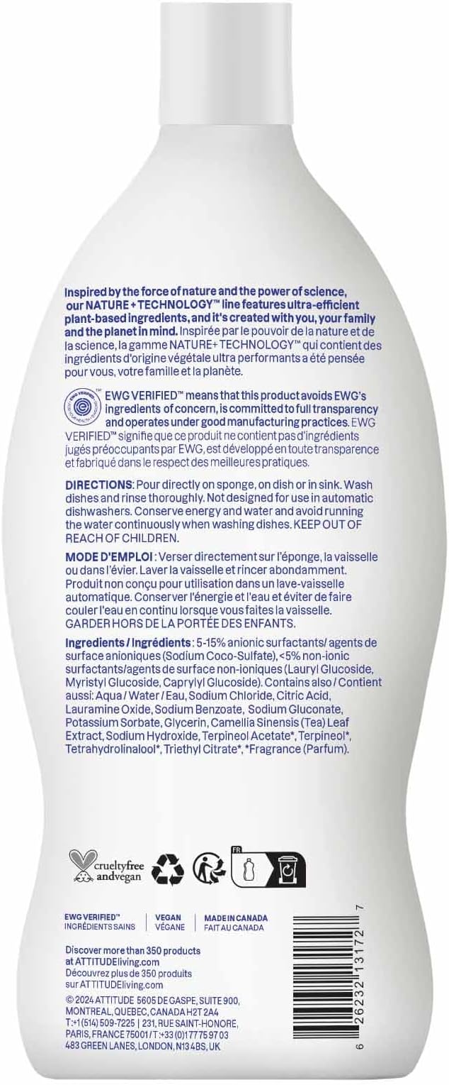 ATTITUDE Dish Soap, EWG Verified, Plant-Based & Vegan Dishwashing Liquid, Naturally Derived, Citrus Zest, 23.7 Fl Oz