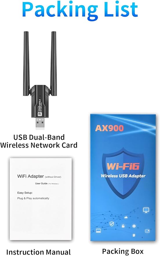 USB WiFi 6 Adapter with Bluetooth 5.4 Dual Band 2.4/5GHz, AX900Mbps USB Wireless Network Adapter with 5dBi Antenna for Desktop/Laptop, 802.11ax, WPA3, Compatible with Windows 11/10/8.1/8/7