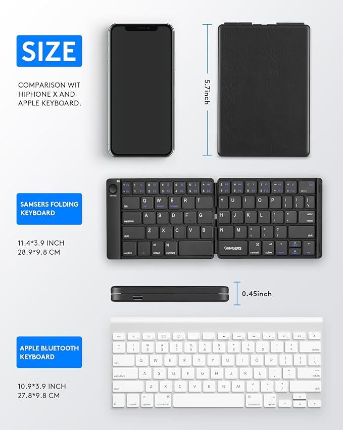 Samsers Foldable Bluetooth Keyboard - Portable Wireless Keyboard with Stand Holder, Rechargeable Full Size Ultra Slim Folding, Compatible iOS Android Windows Smartphone Tablet and Laptop - Black