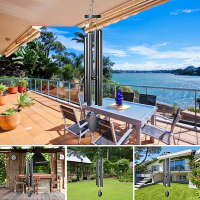 Large Wind Chimes Outside Deep Tone,44" Memorial Wind Chimes Outdoor with 4 Heavy Tubes Soothing Melody Sympathy Gift for Mom Patio Hanging Decor(Black)