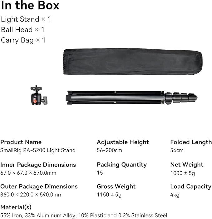 SMALLRIG RA-S200 Light Stand for Photography, 78.7" / 6.6ft / 200cm, Black, Aluminum Alloy, Supports up to 4kg, Compatible with Reflectors, Softboxes, Studio Lights, Umbrellas, Ring Light