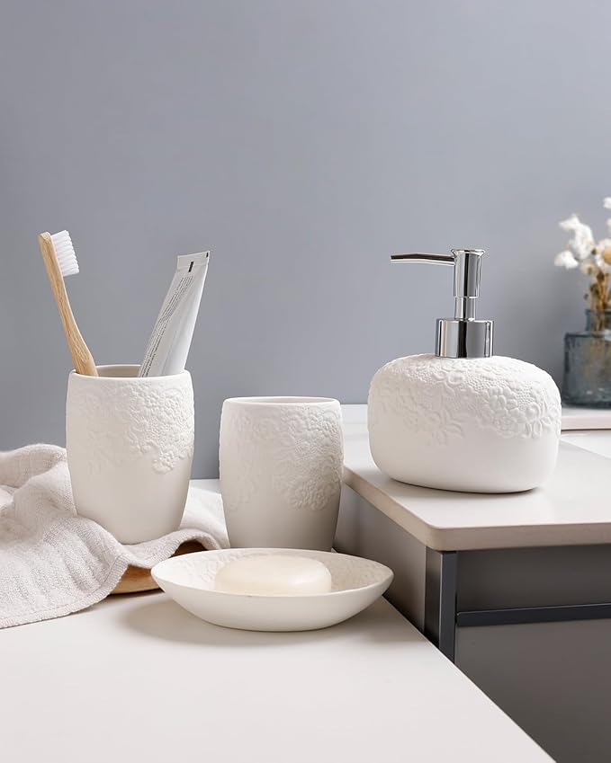 Bathroom Accessories Set with Embossed Design 4PCS, Ceramic White Bathroom Accessory Set Bathroom Toothbrush Holder Set Home Decor, 1 Soap Dispenser 13.5oz, 2 Tumbler Cup, 1 Soap Dish, ANTIS'S HOME