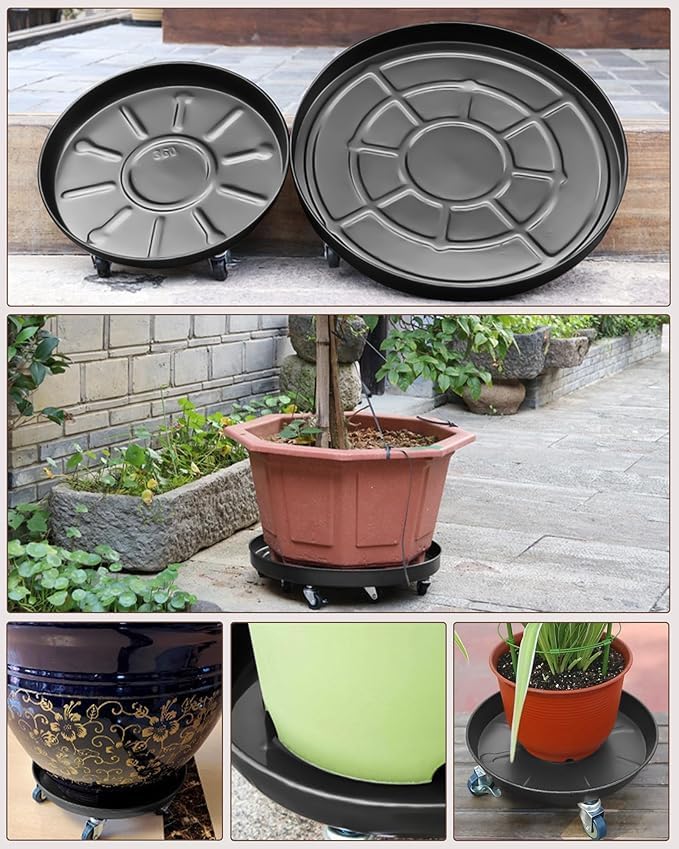 Heavy-Duty Plant Caddy with Wheels 14 Inch, 360° Lockable Caster,Outdoor Rolling Plant Dolly That is Not Easily Rusted, Indoor Metal Plant Cart with Rollers, Plant Pot Trolley, Black 3Pack