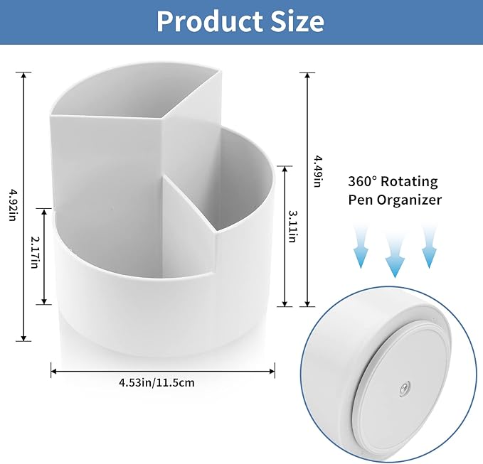 Desk Pencil Pen Holder, 3 Slots 360-Degree Spinning Organizers, Desktop Storage Stationery Supplies, Cute Cup Pot for Office, School, Art Supply, Kids - Gray