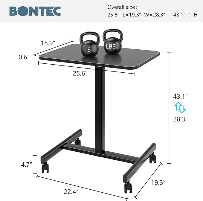 BONTEC Mobile Standing Desk Adjustable Height, Rolling Laptop Cart with Hook, Portable Workstation with Pneumatic Lift, Ergonomic Table with Wheels, Compact Home Office Desk, Black, 25.6" x 18.9"