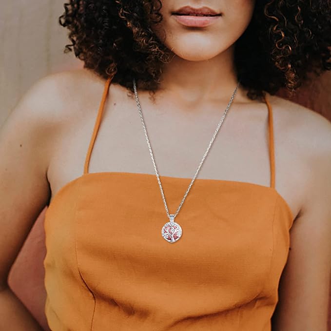 INFUSEU Sakura Tree Aromatherapy Necklace, Essential Oils Diffuser Locket Pendant with 7 PCS Lava Rock Stones and 24" Link Chain