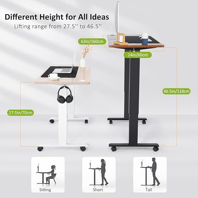 farexon Electric Standing Desk Adjustable Height,63x24 Inches Stand Up Desk, Ergonomically Curved Desktop with Outlet, Lockable Casters,27.''-46'' Lifting Range Home Office Computer Desk(White